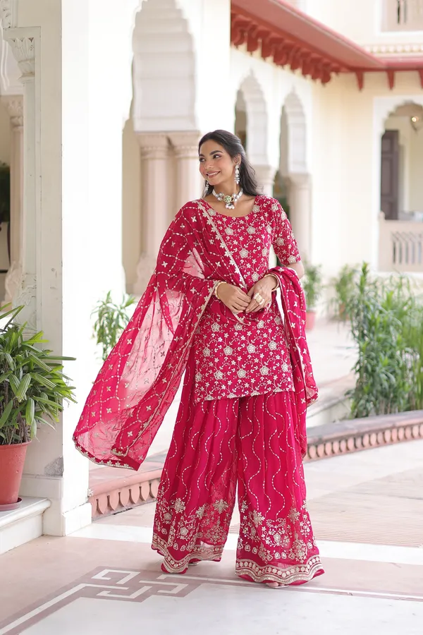 Wine_Red_Sequins_Embroidered_Faux_Georgette_Top-Sharara-Dupatta_Festive_Set_For_Women