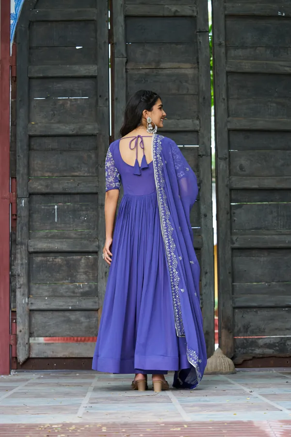 Blue_Refined_Faux_Blooming_Round-Neck_Gown_With_Multithread_Beads_Work_&_Dupatta_For_Women