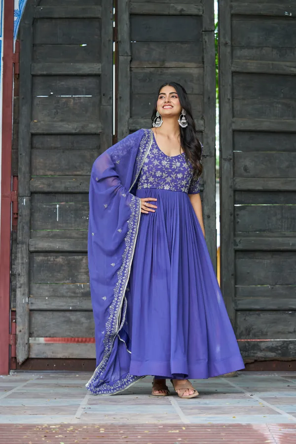Blue_Refined_Faux_Blooming_Round-Neck_Gown_With_Multithread_Beads_Work_&_Dupatta_For_Women