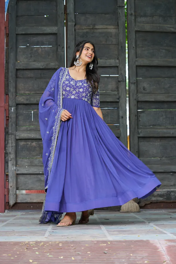 Blue_Refined_Faux_Blooming_Round-Neck_Gown_With_Multithread_Beads_Work_&_Dupatta_For_Women