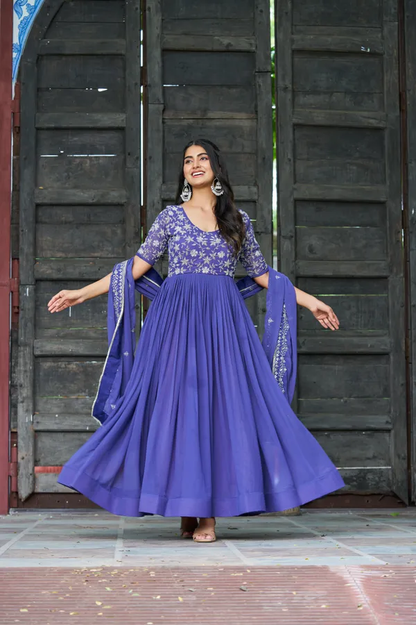 Blue_Refined_Faux_Blooming_Round-Neck_Gown_With_Multithread_Beads_Work_&_Dupatta_For_Women