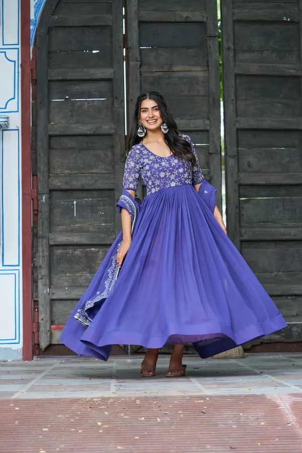 Blue_Refined_Faux_Blooming_Round-Neck_Gown_With_Multithread_Beads_Work_&_Dupatta_For_Women