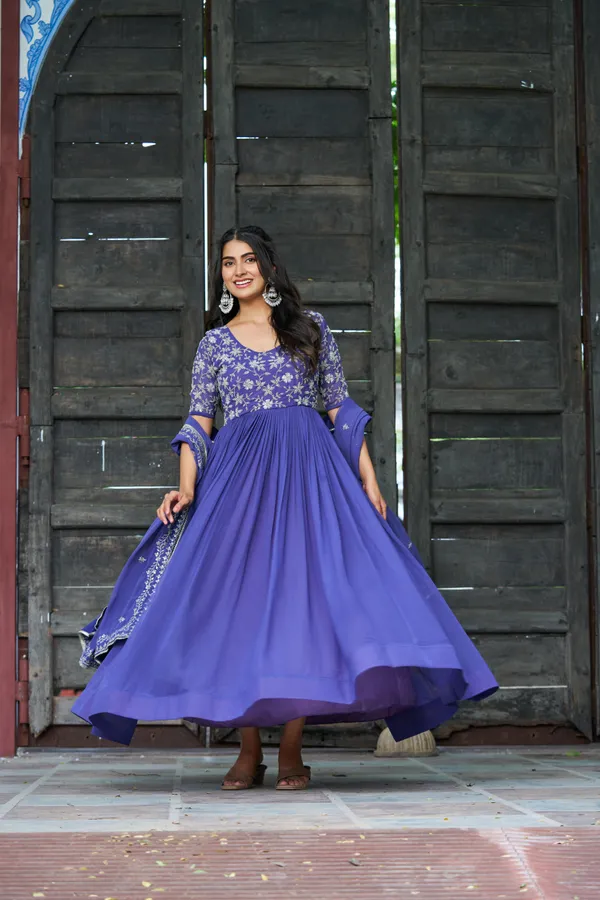 Blue_Refined_Faux_Blooming_Round-Neck_Gown_With_Multithread_Beads_Work_&_Dupatta_For_Women