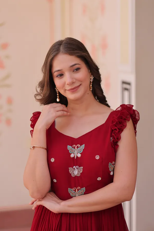 Red_Wine_Statement_Sleeveless_Faux_Blooming_Gown_With_Double_Frill_Stitch_&_Heavy_Embroidery_For_Women