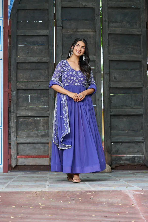 Blue_Refined_Faux_Blooming_Round-Neck_Gown_With_Multithread_Beads_Work_&_Dupatta_For_Women