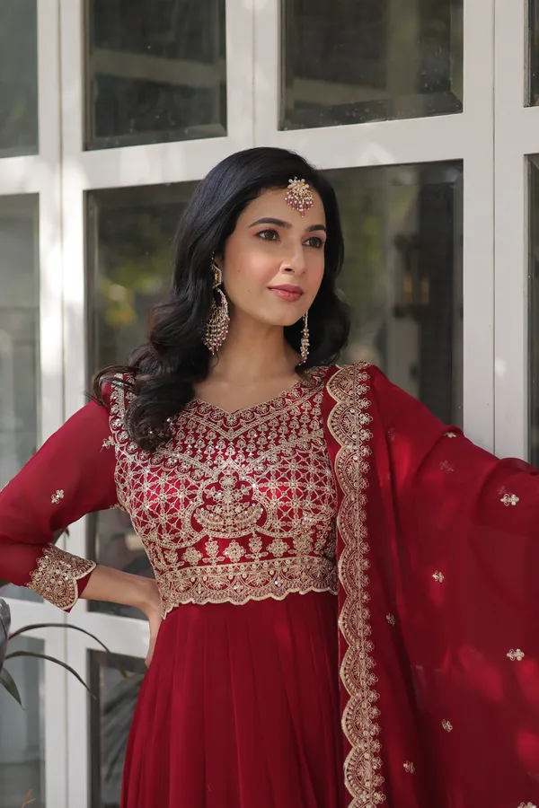 Maroon_Faux_Blooming_With_Embroidery_Zari_Sequins-Work_For_Women