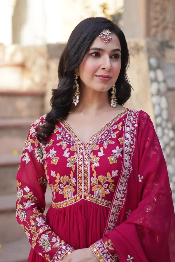 Pink_Classic_Faux_Blooming_V-Neck_Gown_With_Zari_Sequins_Embroidery_&_Dupatta_For_Women