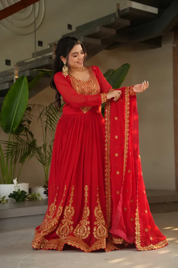 Red_Elegant_Faux_Blooming_Full-Sleeve_Gown_With_Zari_Sequins_Embroidery_&_Dupatta_For_Women