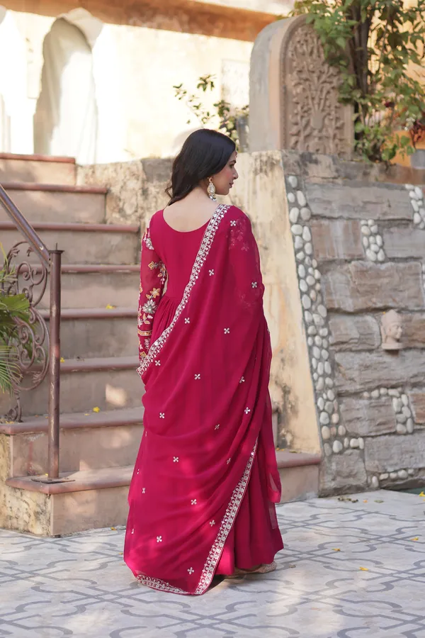 Pink_Classic_Faux_Blooming_V-Neck_Gown_With_Zari_Sequins_Embroidery_&_Dupatta_For_Women