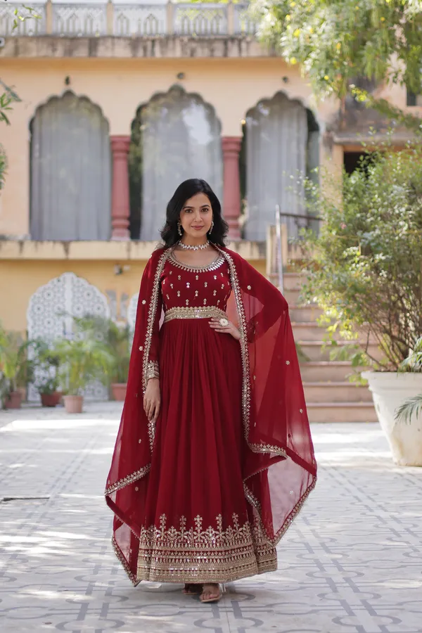 Maroon_Graceful_Faux_Blooming_Full-Sleeve_Gown_With_Zari_Sequins_Work_&_Dupatta_For_Women
