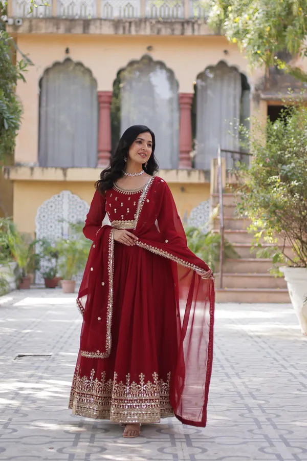 Maroon_Graceful_Faux_Blooming_Full-Sleeve_Gown_With_Zari_Sequins_Work_&_Dupatta_For_Women