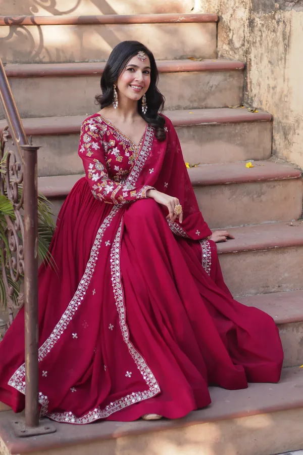 Pink_Classic_Faux_Blooming_V-Neck_Gown_With_Zari_Sequins_Embroidery_&_Dupatta_For_Women