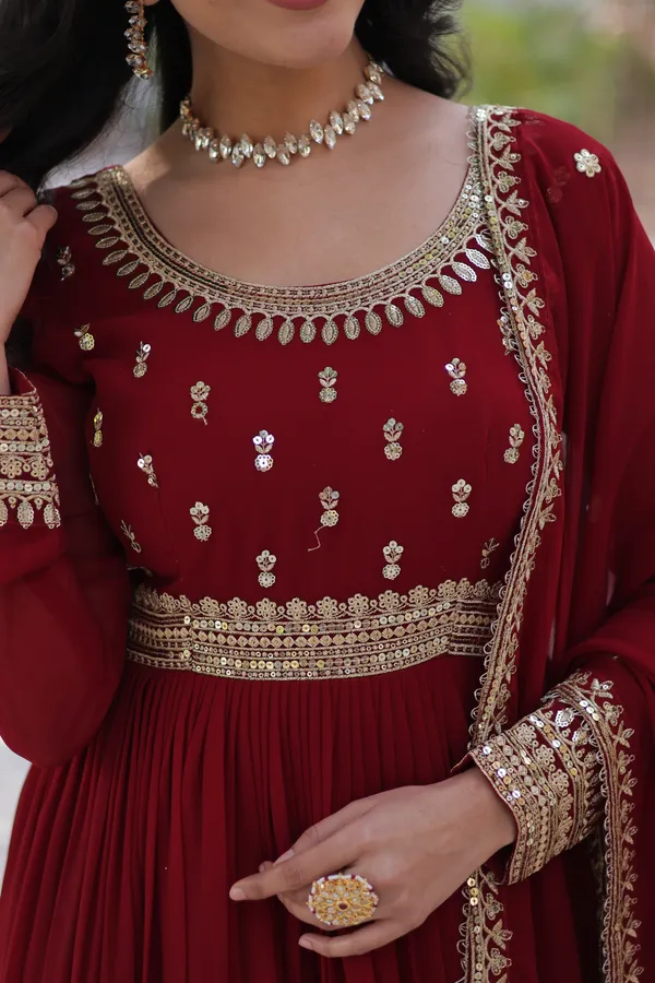 Maroon_Graceful_Faux_Blooming_Full-Sleeve_Gown_With_Zari_Sequins_Work_&_Dupatta_For_Women