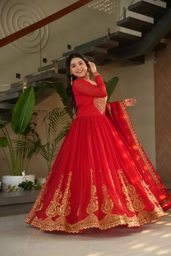 Red_Elegant_Faux_Blooming_Full-Sleeve_Gown_With_Zari_Sequins_Embroidery_&_Dupatta_For_Women