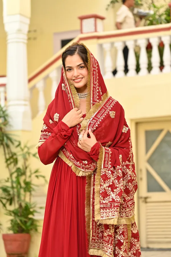 Red_V-Neck_Faux_Blooming_Evening_Gown_With_Zari_Sequins_Embroidery_&_Dupatta_For_Women