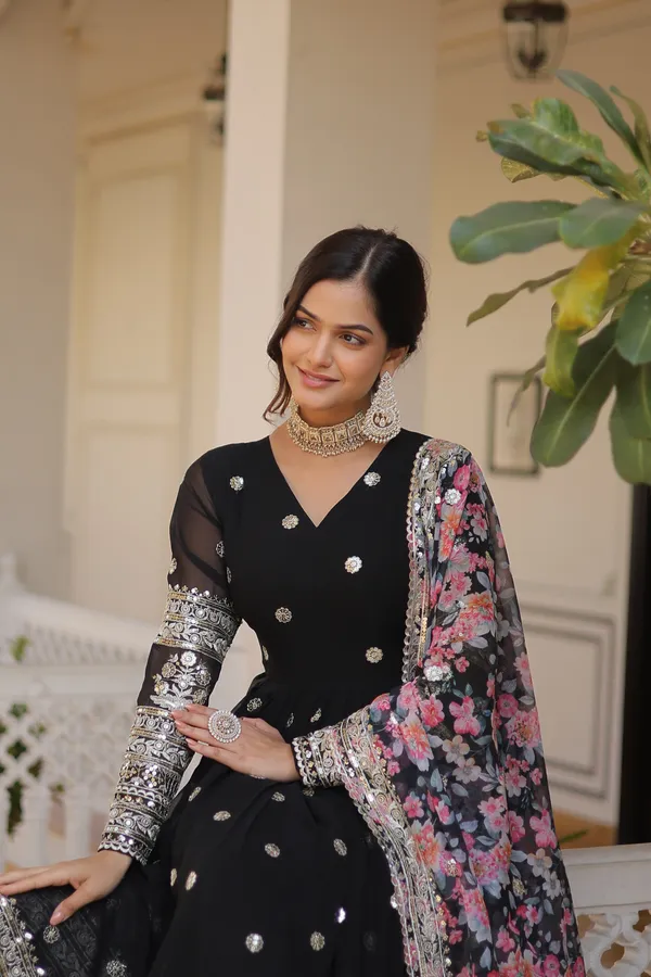 Black_Luxury_Faux_Georgette_Embroidered_Gown_With_Cutwork_Dupatta_For_Women