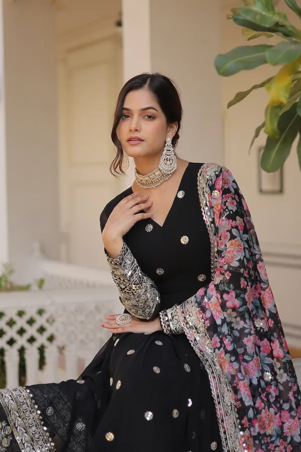 Black_Luxury_Faux_Georgette_Embroidered_Gown_With_Cutwork_Dupatta_For_Women
