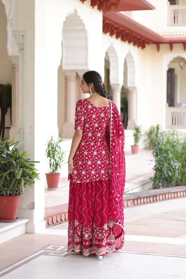 Wine_Red_Sequins_Embroidered_Faux_Georgette_Top-Sharara-Dupatta_Festive_Set_For_Women