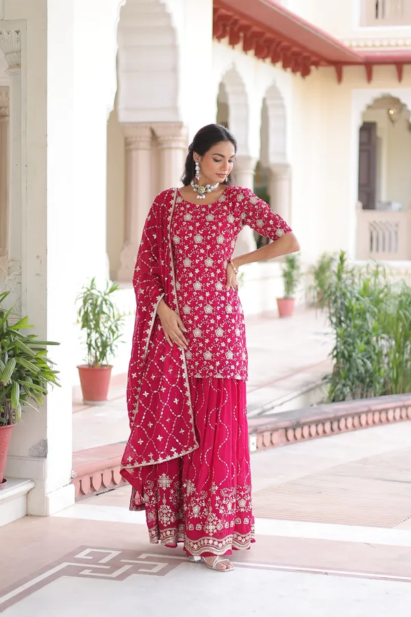 Wine_Red_Sequins_Embroidered_Faux_Georgette_Top-Sharara-Dupatta_Festive_Set_For_Women