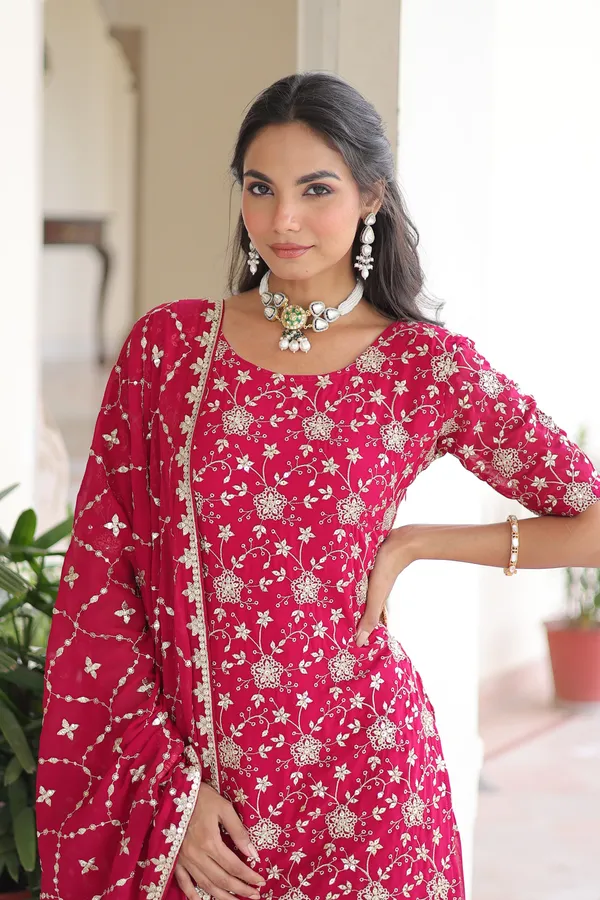 Wine_Red_Sequins_Embroidered_Faux_Georgette_Top-Sharara-Dupatta_Festive_Set_For_Women