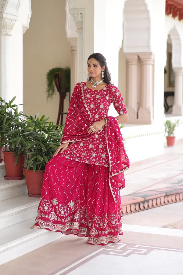 Wine_Red_Sequins_Embroidered_Faux_Georgette_Top-Sharara-Dupatta_Festive_Set_For_Women