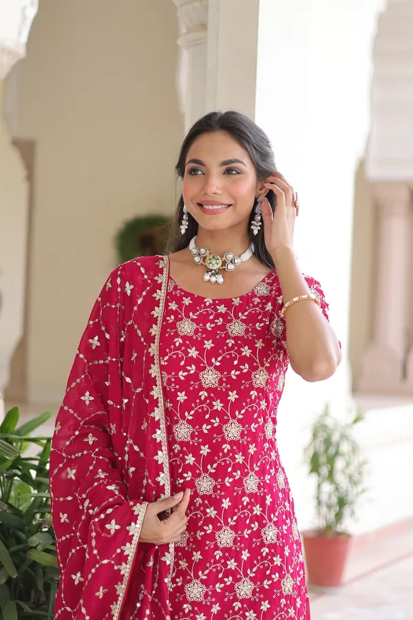 Wine_Red_Sequins_Embroidered_Faux_Georgette_Top-Sharara-Dupatta_Festive_Set_For_Women