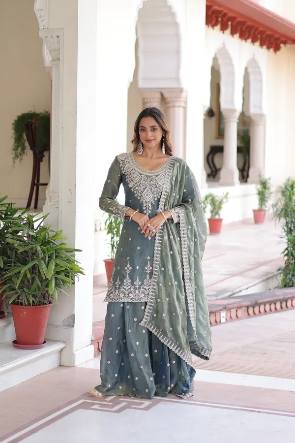 Smokey_Grey_Fendi_Silk_Coding_Sequins_Top-Sharara-Dupatta_Designer_Ensemble_For_Women