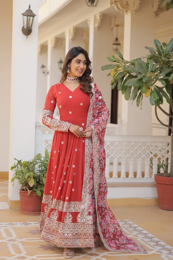 Red_Gown_(Faux_Georgette_With_Embroidery_Zari_Sequins-Work)_&_Dupatta_(Tabby_Silk_Embroidered_With_Cutwork)_For_Women