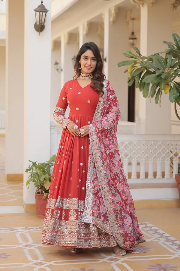 Red_Gown_(Faux_Georgette_With_Embroidery_Zari_Sequins-Work)_&_Dupatta_(Tabby_Silk_Embroidered_With_Cutwork)_For_Women