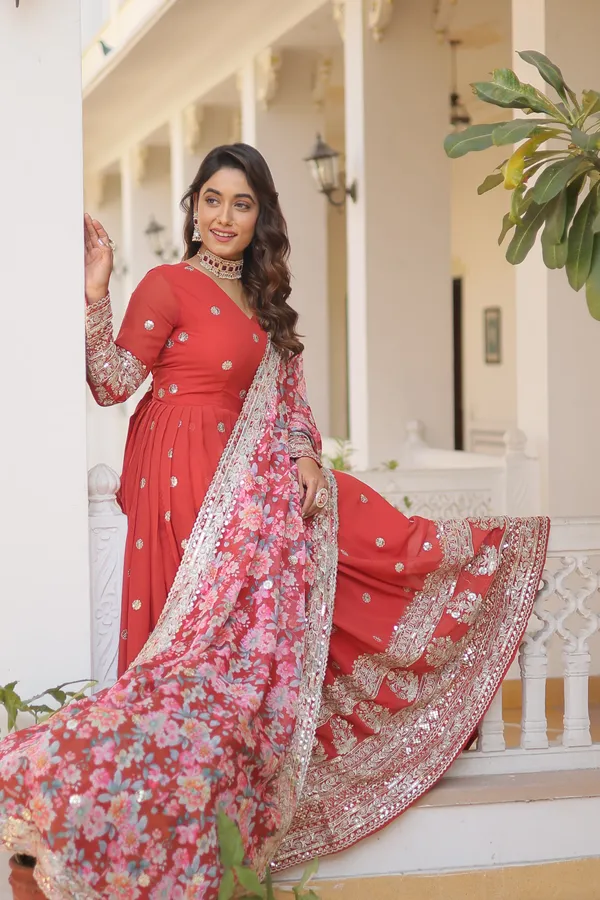 Red_Gown_(Faux_Georgette_With_Embroidery_Zari_Sequins-Work)_&_Dupatta_(Tabby_Silk_Embroidered_With_Cutwork)_For_Women