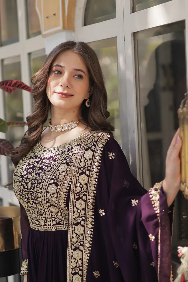 Graceful_Faux_Blooming_Round-Neck_Gown_with_Zari_Sequins_Work_&_Dupatta