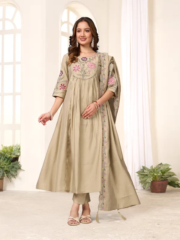Elegant_Anarkali_Kurti_Pant_Dupatta_Set_Viscose_Roman_Cotton_with_Heavy_Embroidery,_Hand_Work_&_Chanderi_Cotton_Dupatta