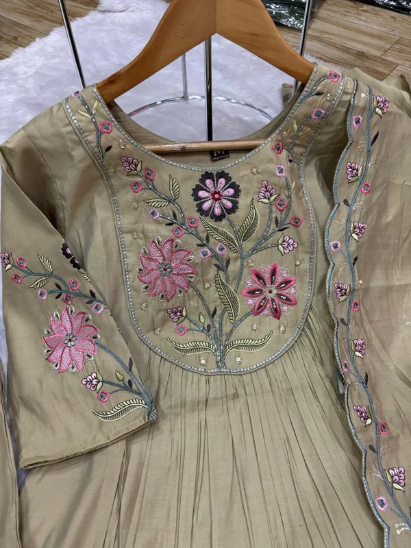 Elegant_Anarkali_Kurti_Pant_Dupatta_Set_Viscose_Roman_Cotton_with_Heavy_Embroidery,_Hand_Work_&_Chanderi_Cotton_Dupatta