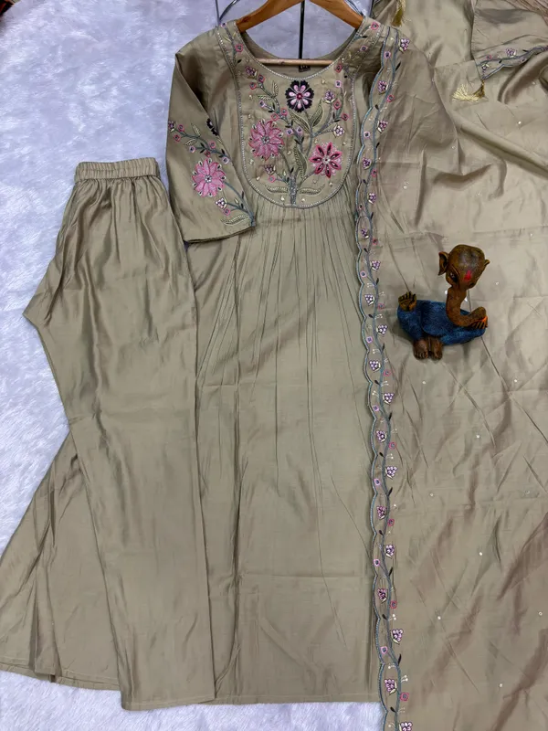 Elegant_Anarkali_Kurti_Pant_Dupatta_Set_Viscose_Roman_Cotton_with_Heavy_Embroidery,_Hand_Work_&_Chanderi_Cotton_Dupatta