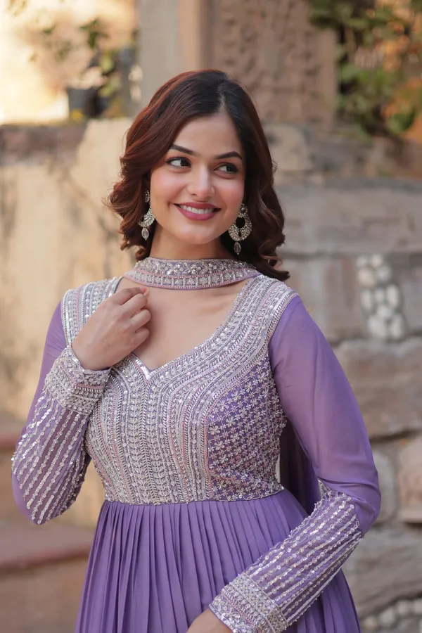 Purple_Star_Georgette_Beads_&_Sequins_Embroidered_Flared_Gown_With_Matching_Dupatta_For_Women