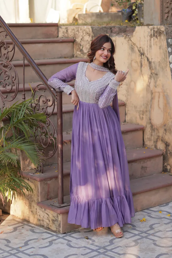Purple_Star_Georgette_Beads_&_Sequins_Embroidered_Flared_Gown_With_Matching_Dupatta_For_Women