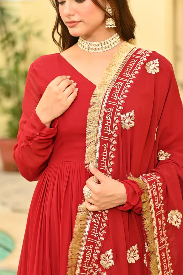 Red_V-Neck_Faux_Blooming_Evening_Gown_With_Zari_Sequins_Embroidery_&_Dupatta_For_Women