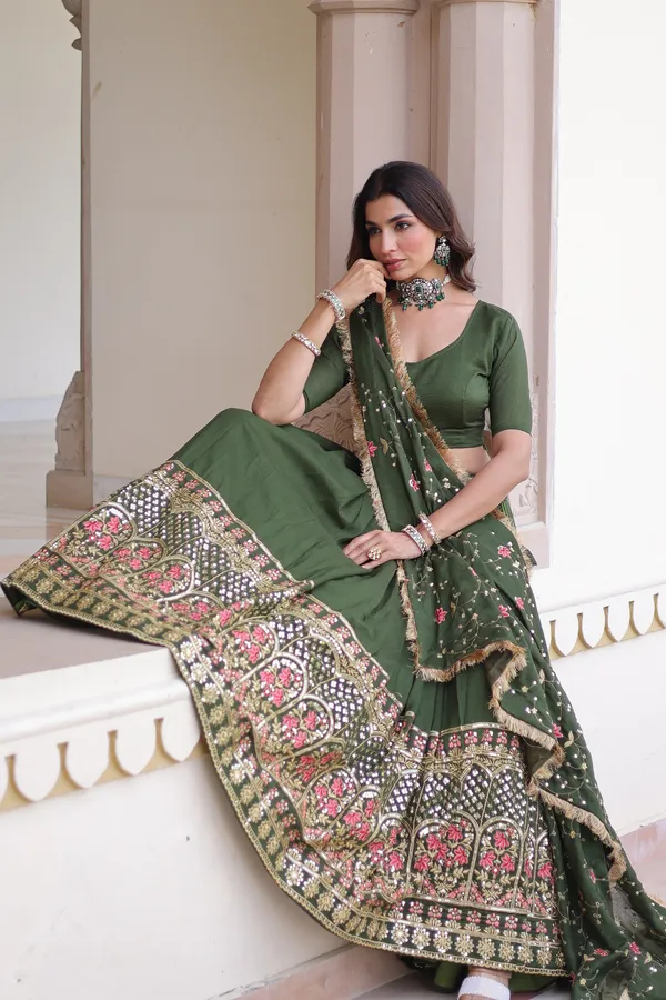 Rifle_Green_Vichitra_Silk_Sequins_Embroidered_Lehenga_With_Designer_Dupatta_For_Women