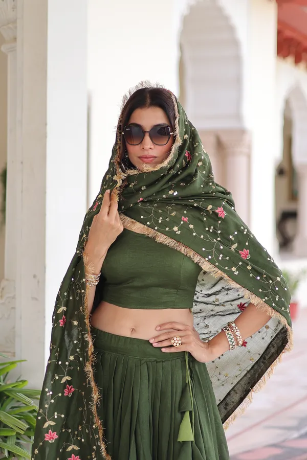 Rifle_Green_Vichitra_Silk_Sequins_Embroidered_Lehenga_With_Designer_Dupatta_For_Women