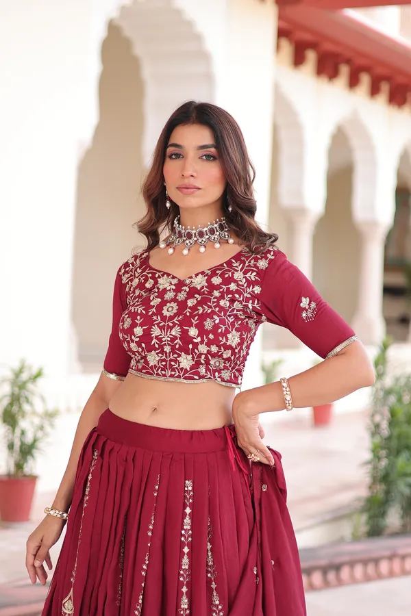 Red_Heavy_Vichitra_Silk_Thread_&_Sequins_Lehenga_With_Embroidered_Dupatta_For_Women