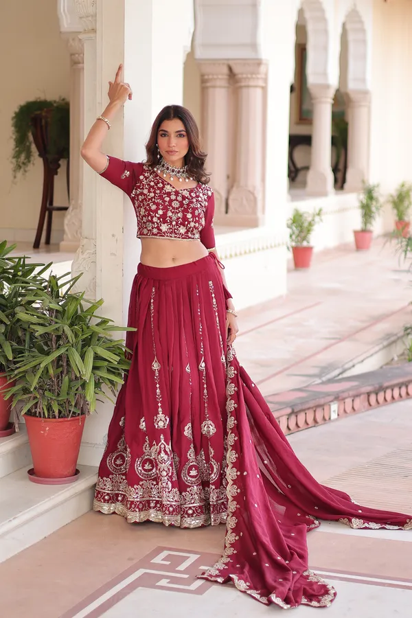 Red_Heavy_Vichitra_Silk_Thread_&_Sequins_Lehenga_With_Embroidered_Dupatta_For_Women