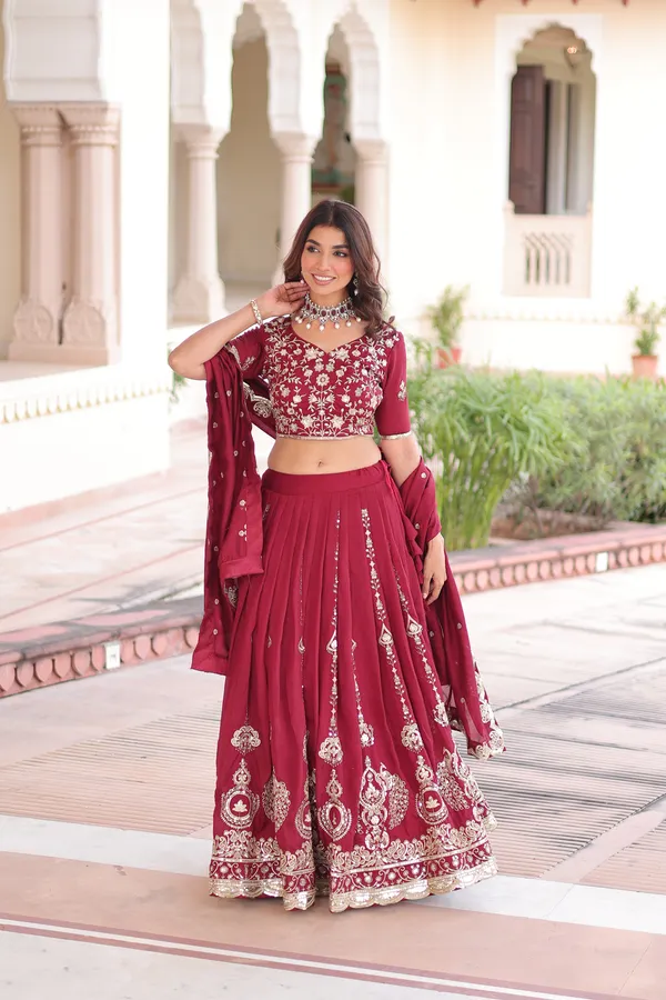 Red_Heavy_Vichitra_Silk_Thread_&_Sequins_Lehenga_With_Embroidered_Dupatta_For_Women