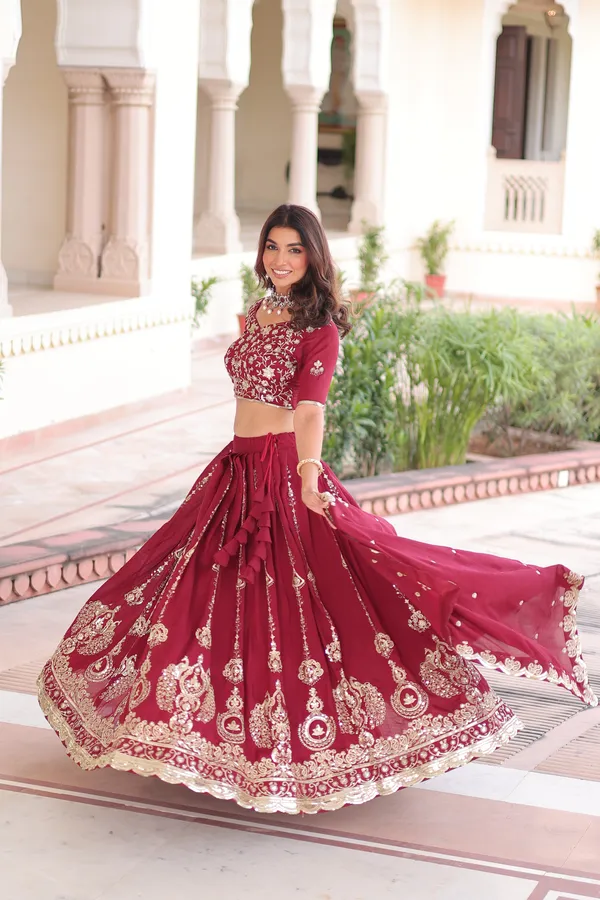 Red_Heavy_Vichitra_Silk_Thread_&_Sequins_Lehenga_With_Embroidered_Dupatta_For_Women