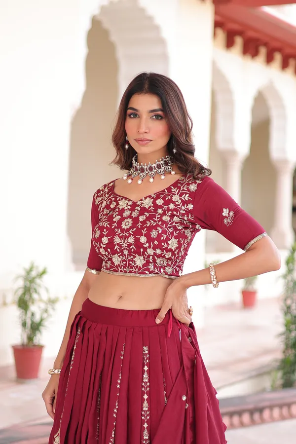 Red_Heavy_Vichitra_Silk_Thread_&_Sequins_Lehenga_With_Embroidered_Dupatta_For_Women