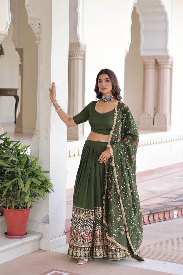 Rifle_Green_Vichitra_Silk_Sequins_Embroidered_Lehenga_With_Designer_Dupatta_For_Women
