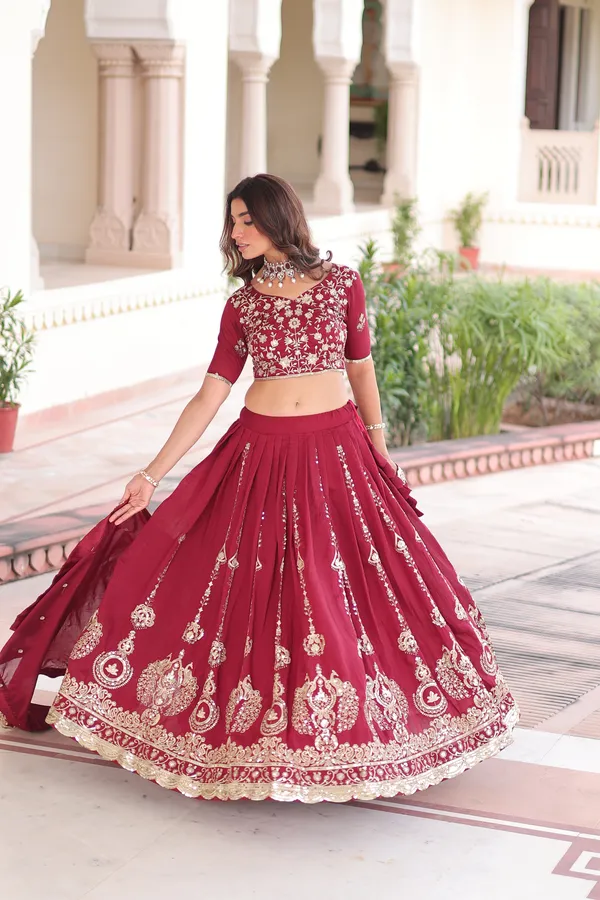Red_Heavy_Vichitra_Silk_Thread_&_Sequins_Lehenga_With_Embroidered_Dupatta_For_Women
