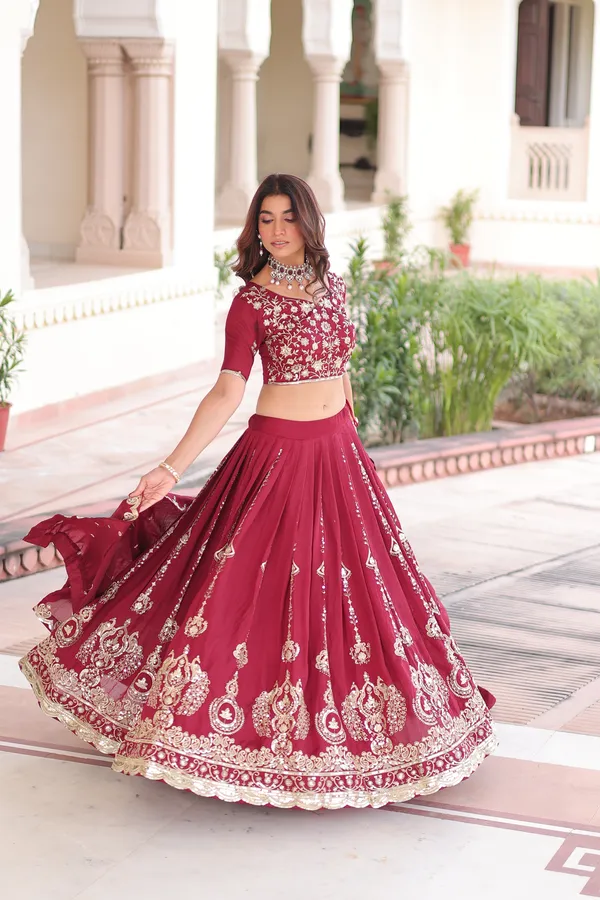 Red_Heavy_Vichitra_Silk_Thread_&_Sequins_Lehenga_With_Embroidered_Dupatta_For_Women