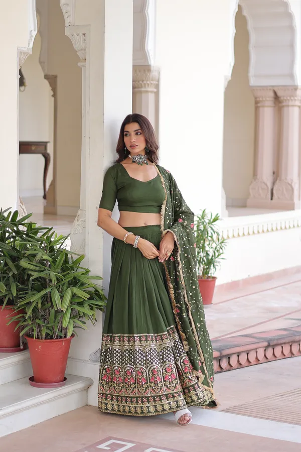 Rifle_Green_Vichitra_Silk_Sequins_Embroidered_Lehenga_With_Designer_Dupatta_For_Women