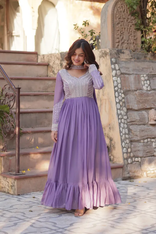 Purple_Star_Georgette_Beads_&_Sequins_Embroidered_Flared_Gown_With_Matching_Dupatta_For_Women