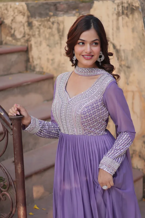 Purple_Star_Georgette_Beads_&_Sequins_Embroidered_Flared_Gown_With_Matching_Dupatta_For_Women